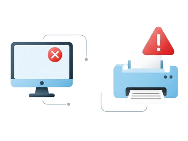 A computer with an error symbol connected to a printer displaying an alert, indicating a printing issue
