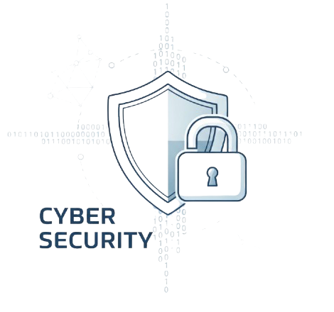 Logo featuring a shield and padlock, symbolizing cyber security, with binary code and network graphics in the background